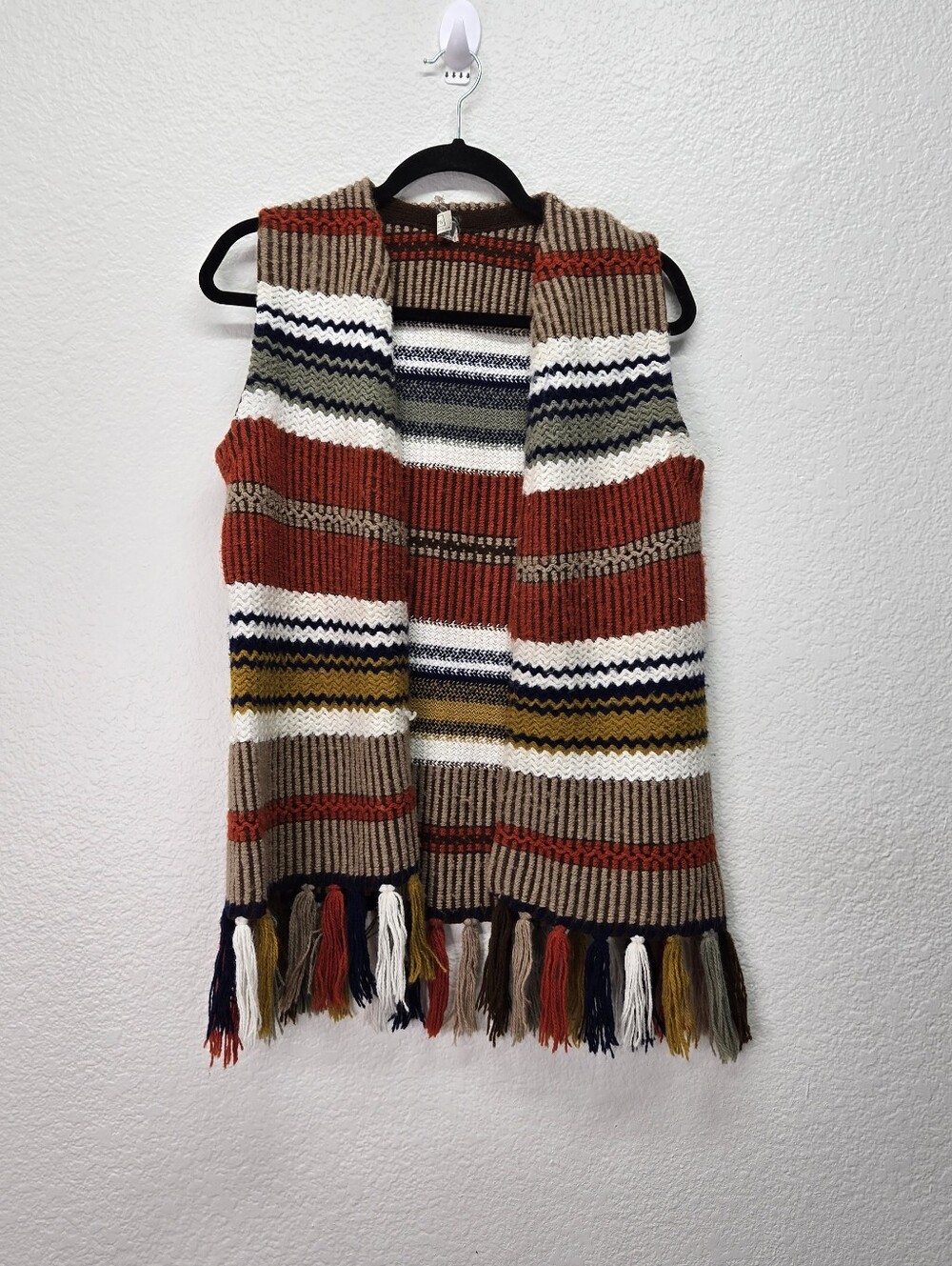 Vtg 70s Sears Sweater Vest Womens S Multicolor Horizontal Stripe Fringe Boho Mod